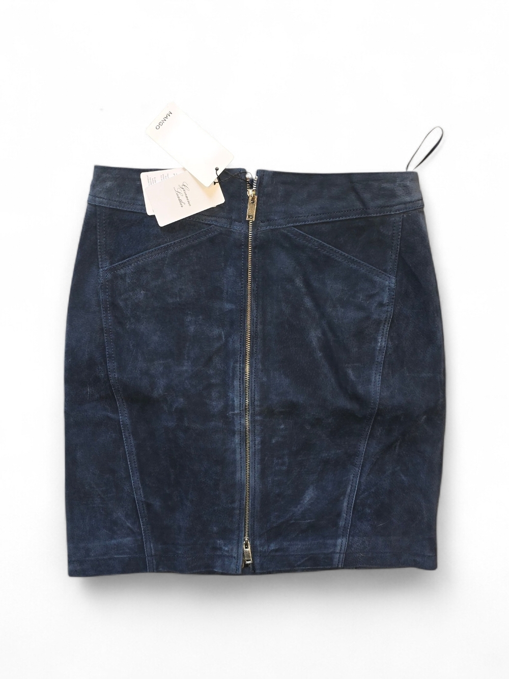 Mango Genuine Leather Mini Skirt Blue Front Zip NWT Size M - Picture 2 of 7